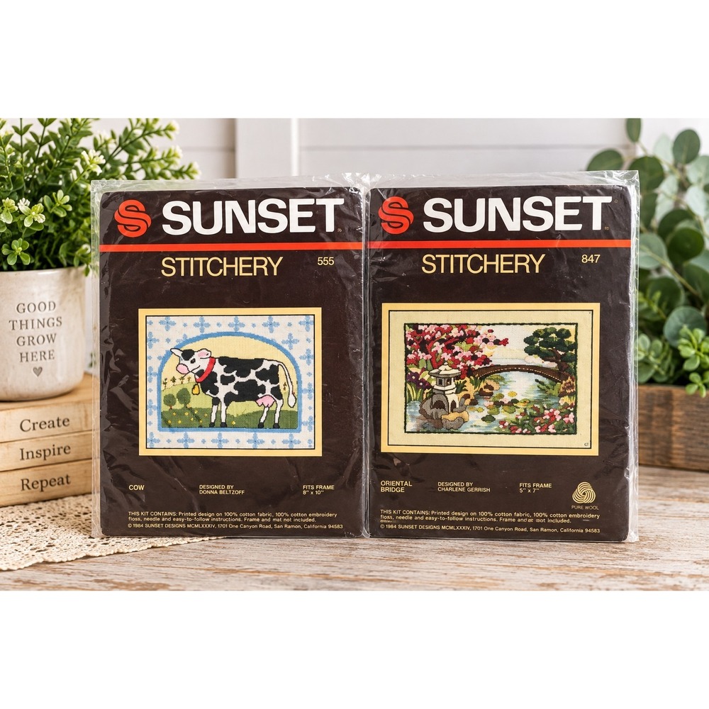 Vintage Sunset Stitchery Needlepoint Kits Lot of 2 Cow Oriental Bridge Sealed